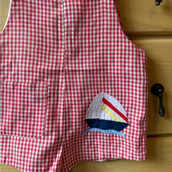 Vintage 90s Hand Sewn Gingham Red Embroidered Sailboat Shortalls Size 6-12 Month - Picture 4 of 5